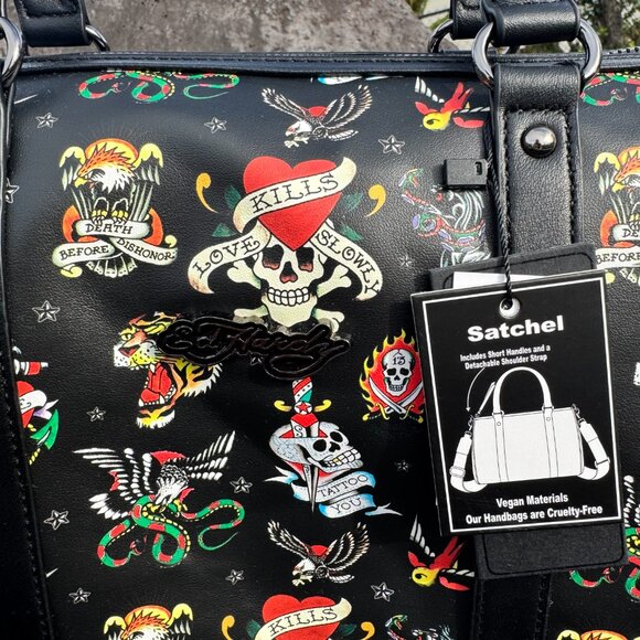 Ed Hardy NWT Handbags Satchel Crossbody dust bag Tattoo Love Kills Vegan Black - Picture 5 of 11